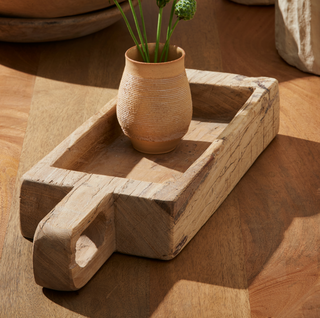 Wood Rectangular Handle Bowl, styled shot, wood bowl, wooden bowls, dough bowl, reclimed wood bowl, handmade bowl, natural wood grain, one-of-a-kind bowl, tabletop accessory, decor, liamandlana.com 