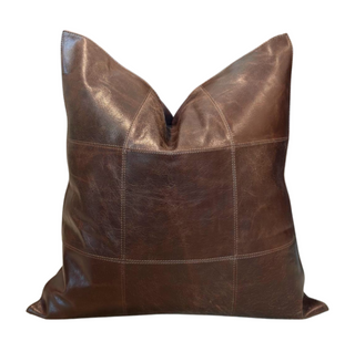 Divya Leather Pillow - Dark Brown 22" x 22", front side, genuine leather, handmade pillow, brown throw pillow, decorative pillow, zipper closure, down feather insert, liamandlana.com