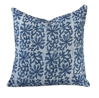 Aisha Blue Pillow - 20" x 20", front side, block print pillow, linen pillow, handmade pillow, blue throw pillow, decorative pillow, zipper closure, down feather insert, liamandlana.com