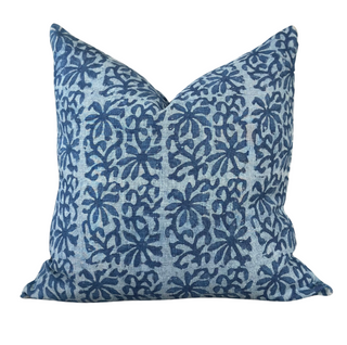 Aisha Blue Pillow - 24" x 24", front side, block print pillow, linen pillow, handmade pillow, blue throw pillow, decorative pillow, zipper closure, down feather insert, liamandlana.com 