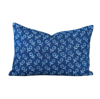 Anya Navy Pillow - 16" x 24", front side, block print pillow, linen pillow, handmade pillow, blue throw pillow, decorative pillow, lumbar pillow, zipper closure, down feather insert, liamandlana.com