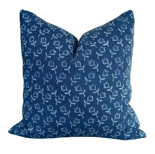 Anya Navy Pillow - 22" x 22", front side, block print pillow, linen pillow, handmade pillow, blue throw pillow, decorative pillow, zipper closure, down feather insert, liamandlana.com
