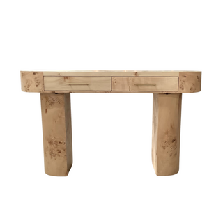 Burl Console Table, front side, buffet, poplar burl veneer, 2 drawers, ball bearing, liamandlana.com 