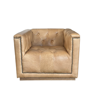 Clyde Swivel Chair, front side, accent chair, leather chair, leather swivel chair, genuine leather, button tufted leather chair, luxury furniture, liamandlana.com 