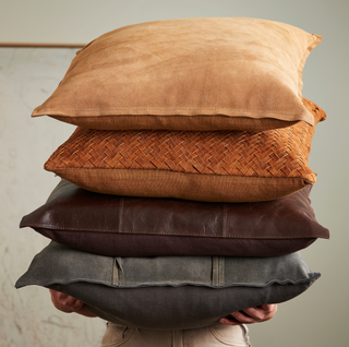 Divya Leather Pillow - Dark Brown 22" x 22", styled shot, genuine leather, handmade pillow, brown throw pillow, decorative pillow, zipper closure, down feather insert, liamandlana.com