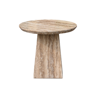 Neevelle Side Table, front side, end table, accent table, travertine, stone table, organic modern, sustainable furniture, liamandlana.com 