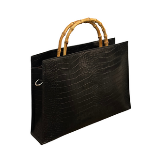 Mila Leather Tote - Black, side angle, tote bag, tote bag leather, leather tote, bamboo straps, luxury bag, fashion, handmade bag, liamandlana.com 