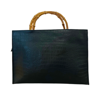 Mila Leather Tote - Black, front side, tote bag, tote bag leather, leather tote, bamboo straps, luxury bag, fashion, handmade bag, liamandlana.com 