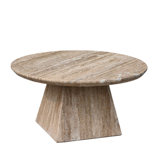 Neevelle Coffee Table, front side, round, travertine, stone coffee table, organic modern, sustainable furniture, liamandlana.com 
