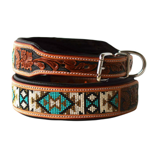 Domo Dog Collar, front side, dog collars, collars for dogs, leather dog collar, shop for pets, genuine leather, hand-beaded, leather floral embossment, solid brass hardware, various sizes, liamandlana.com 