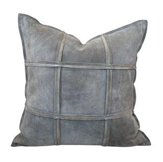 Sonia Suede Pillow - Light Grey 22" x 22", front side, grey suede pillows, handmade pillow, decorative pillow, grey throw pillow, zipper closure, down feather insert, liamandlana.com