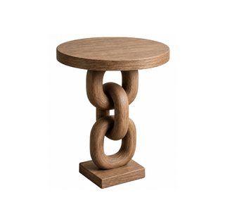 Wooden side table with chain-link design on a white background