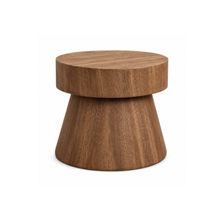 Wooden side table with a round top and cylindrical base on a white background